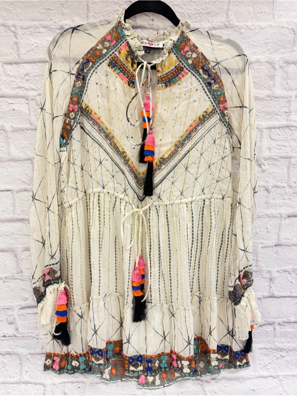 Hemant & Nandita Mana Rare Stripe Ivory Embroidered Tassel Mini Dress Boho Sz XS
